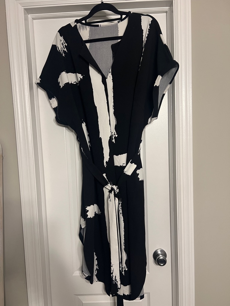 Shein Black & White Abstract Belted Midi Shirt Dress